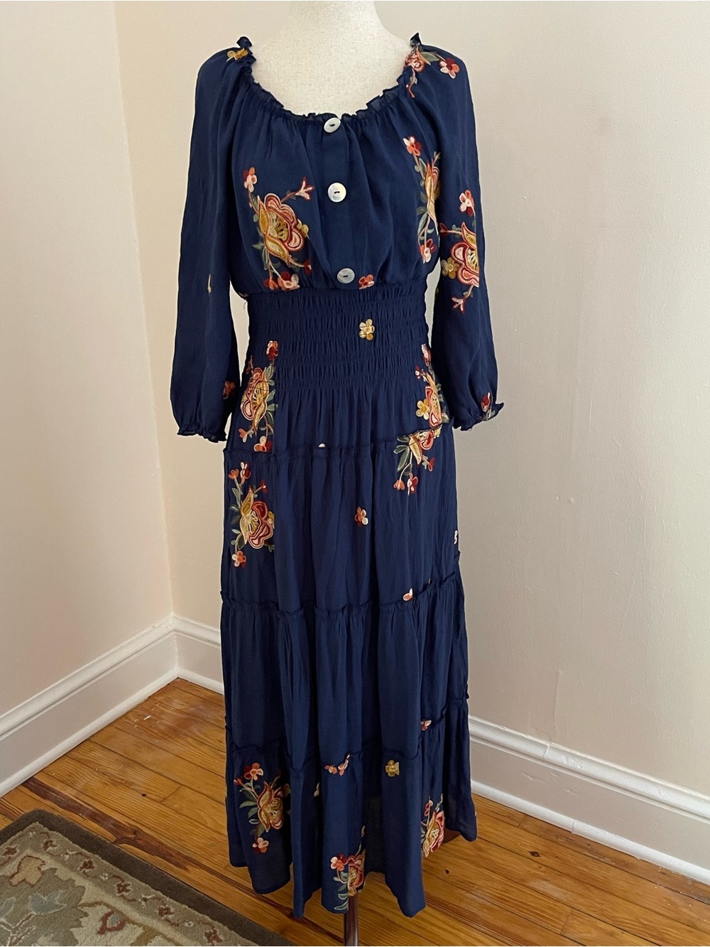 Anthropologie Fig & Flower Embroidered Peasant Midi Dress Small Boho